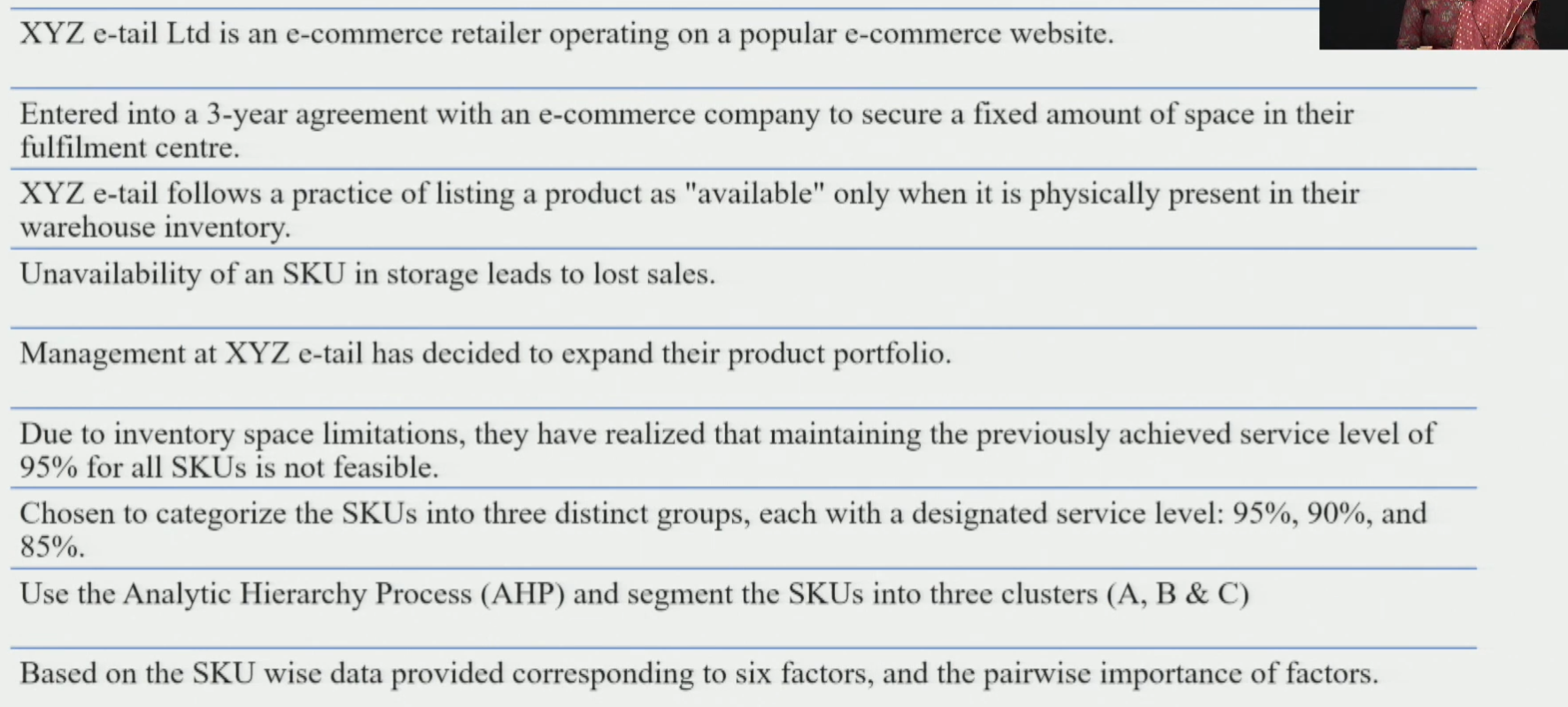 XYZ E-tailer SKU Data Table — 25 SKUs with values across all 6 criteria